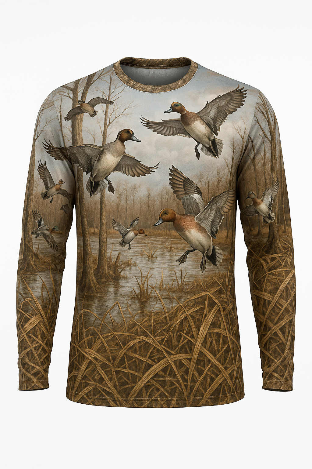 Pintails in Flooded Timber all over print long sleeve hunting shirt