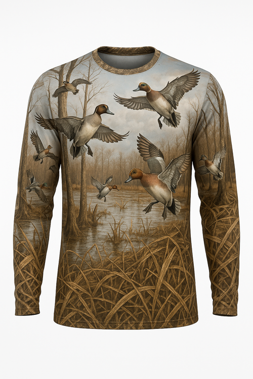 Pintails in Flooded Timber all over print long sleeve hunting shirt
