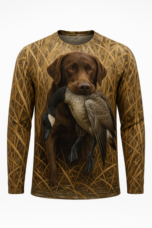 Chocolate Lab Goose Retrieve all over print long sleeve hunting shirt