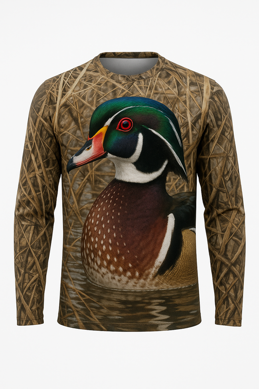 Wood Duck Drake Close-Up all over print long sleeve hunting shirt