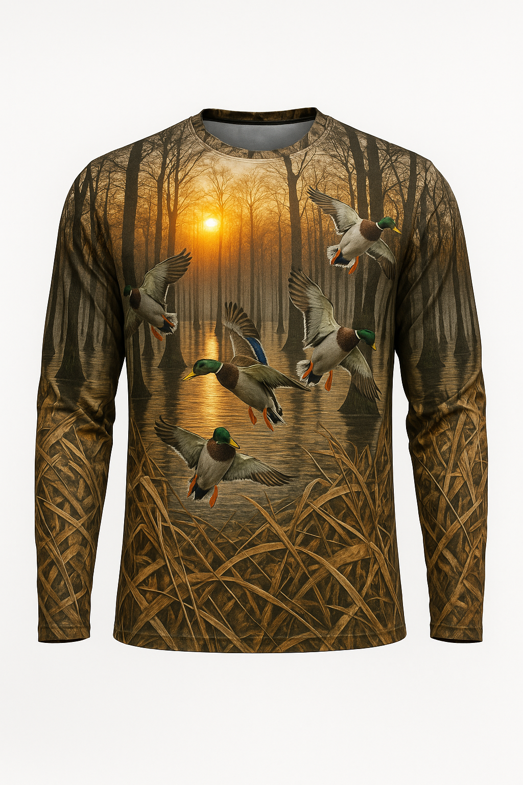 Green Timber Sunrise all over print long sleeve hunting shirt