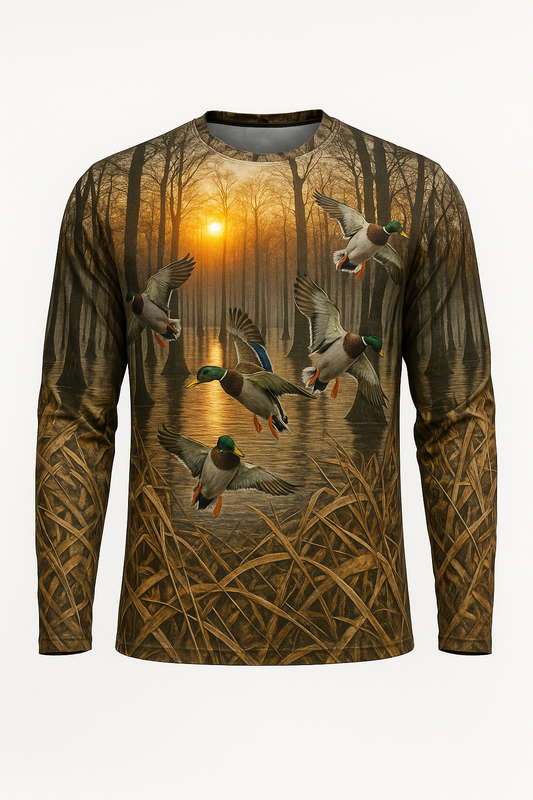 Green Timber Sunrise all over print long sleeve hunting shirt