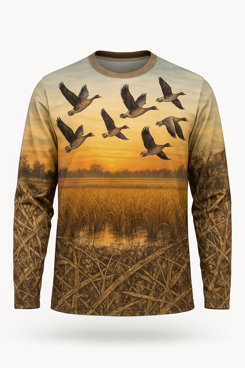 Specklebelly Geese Dawn all over print long sleeve hunting shirt