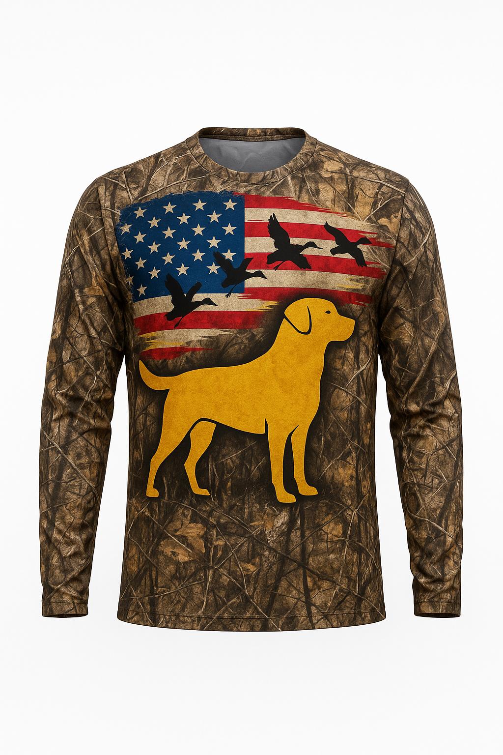 Patriotic Lab and Ducks all over print long sleeve hunting shirt