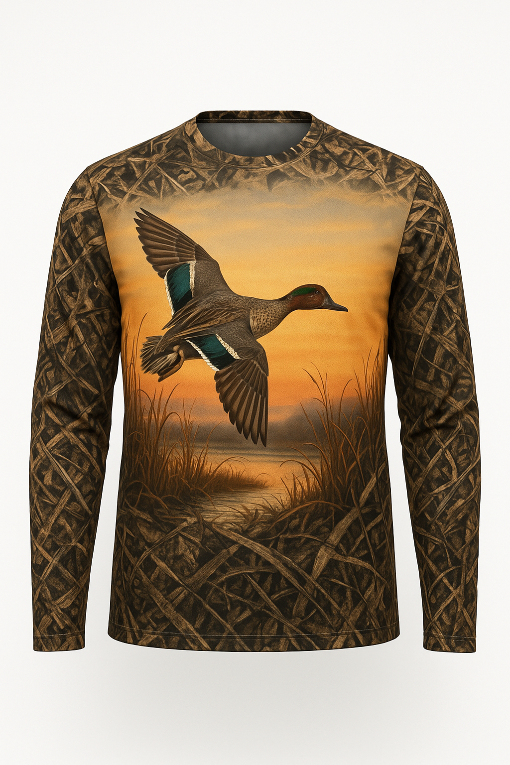 Teal Low Over the Marsh all over print long sleeve hunting shirt