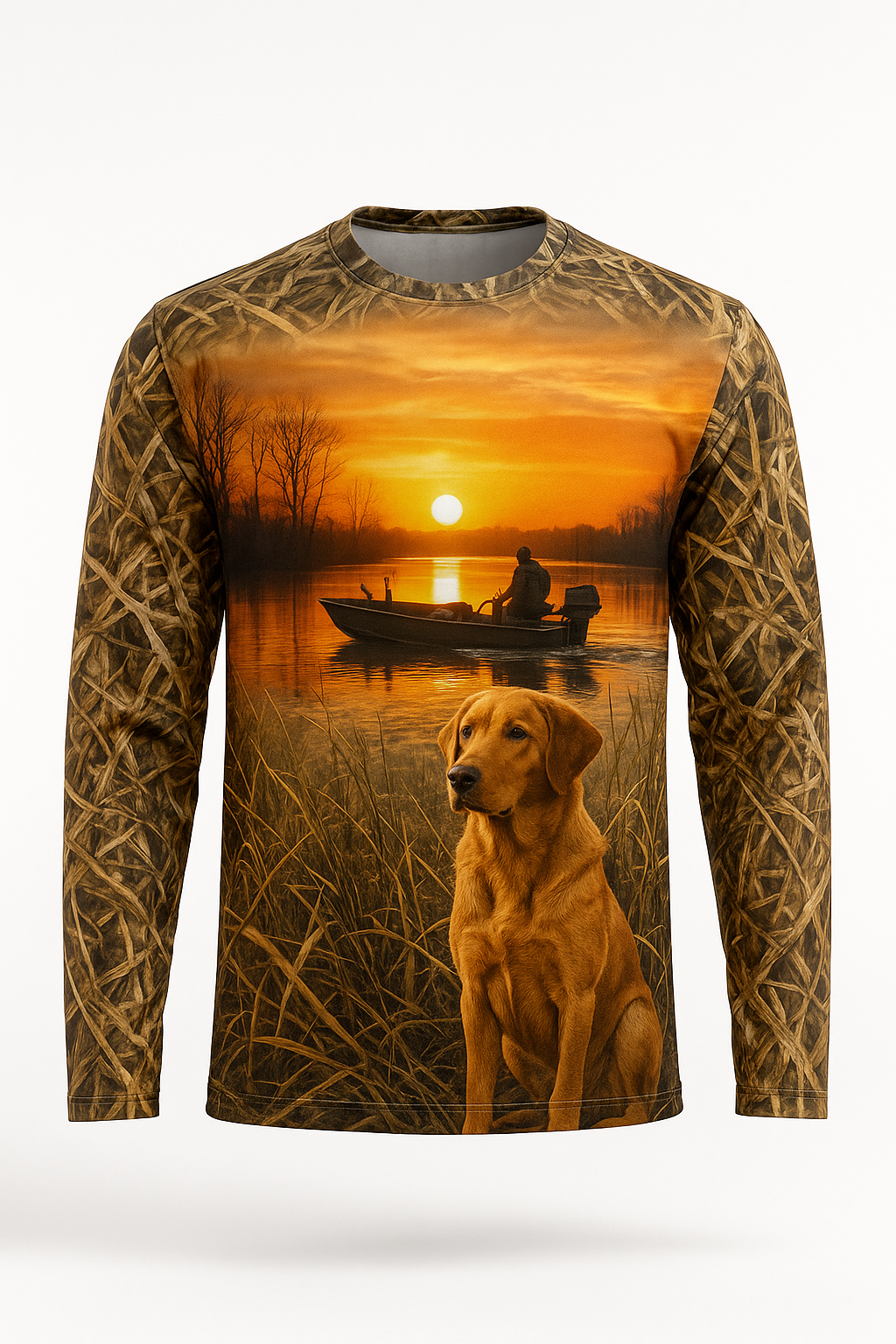 Duck Boat at Sunrise all over print long sleeve hunting shirt