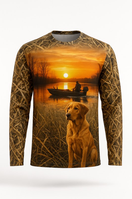Duck Boat at Sunrise all over print long sleeve hunting shirt