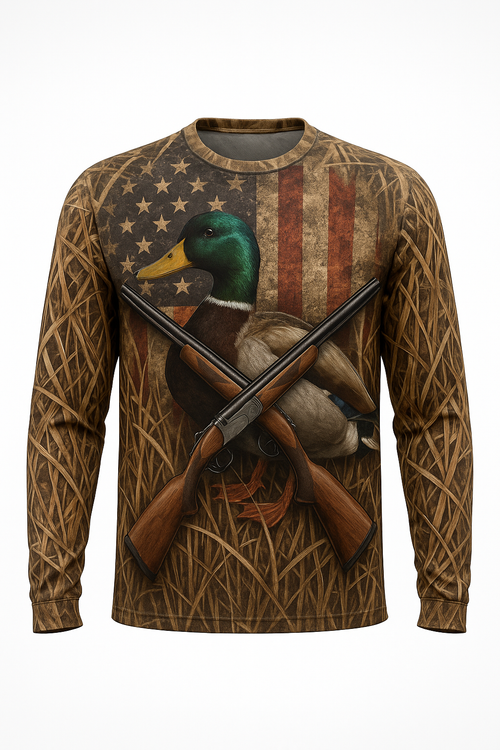 Mallard and Shotgun all over print long sleeve hunting shirt
