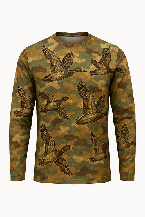 Vintage Woodcut Ducks all over print long sleeve hunting shirt