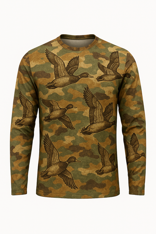 Vintage Woodcut Ducks all over print long sleeve hunting shirt