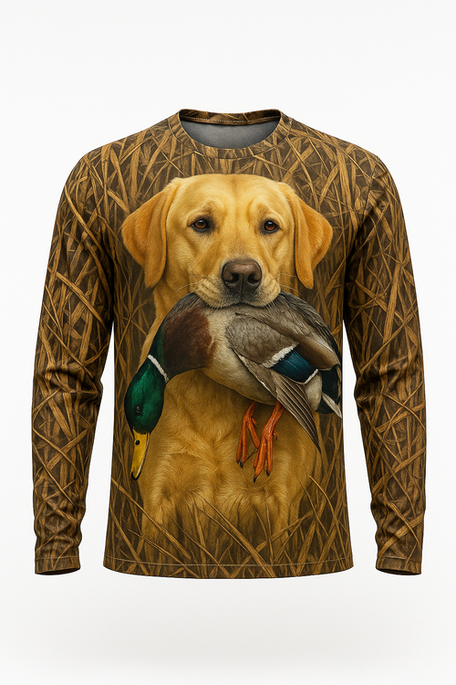 Yellow Lab Duck Portrait all over print long sleeve hunting shirt