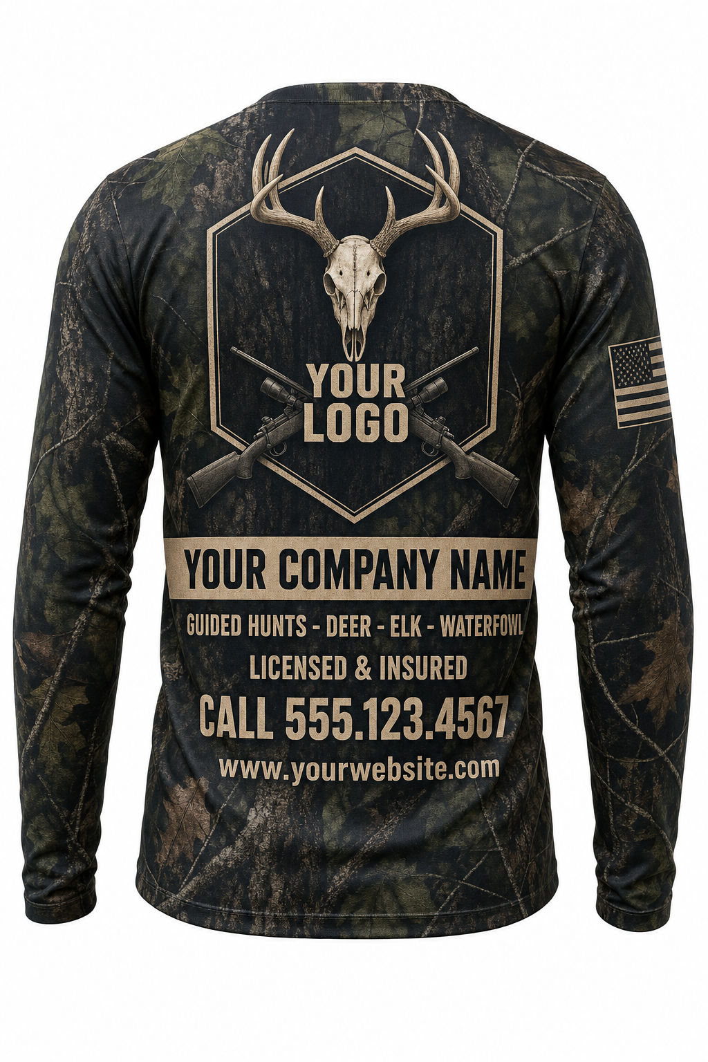 Whitetail Euro Skull Custom Hunting Team Uniform - back view, custom company logo all-over-print uniform
