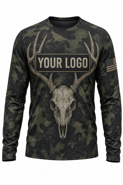 Whitetail Euro Skull Custom Hunting Team Uniform - front view, custom company logo all-over-print uniform