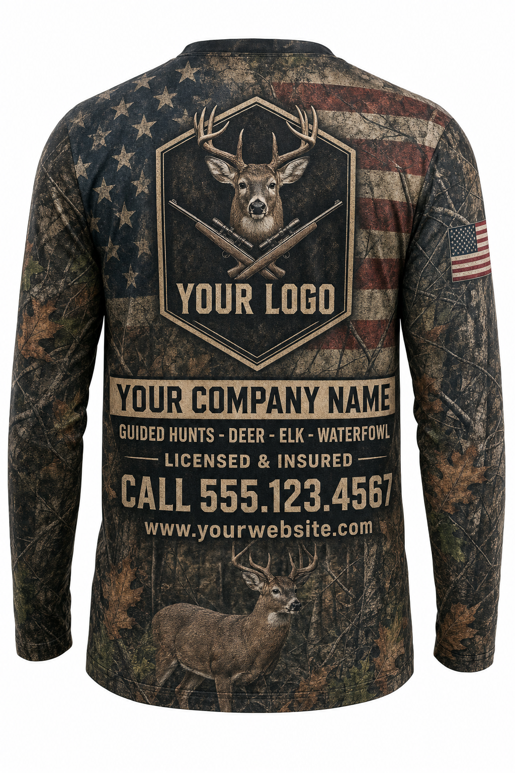Whitetail American Flag Custom Hunting Team Uniform - back view, custom company logo all-over-print uniform