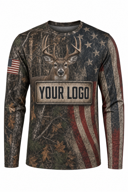 Whitetail American Flag Custom Hunting Team Uniform - front view, custom company logo all-over-print uniform