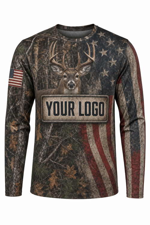 Whitetail American Flag Custom Hunting Team Uniform - front view, custom company logo all-over-print uniform