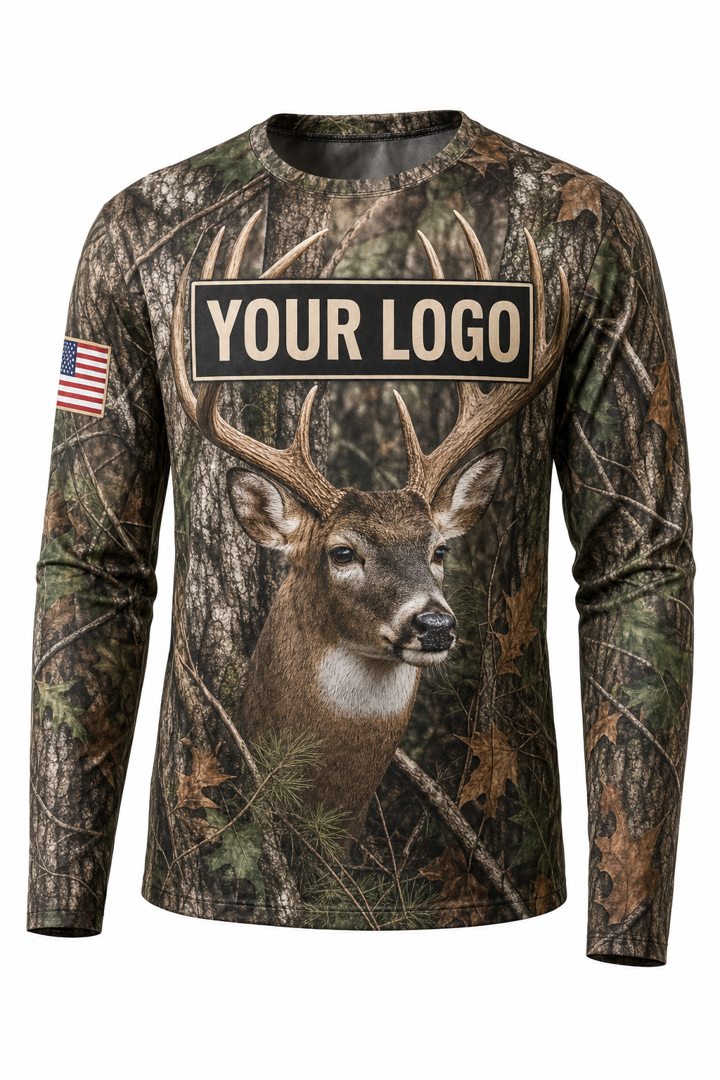 Whitetail Woodland Custom Hunting Team Uniform - front view, custom company logo all-over-print uniform