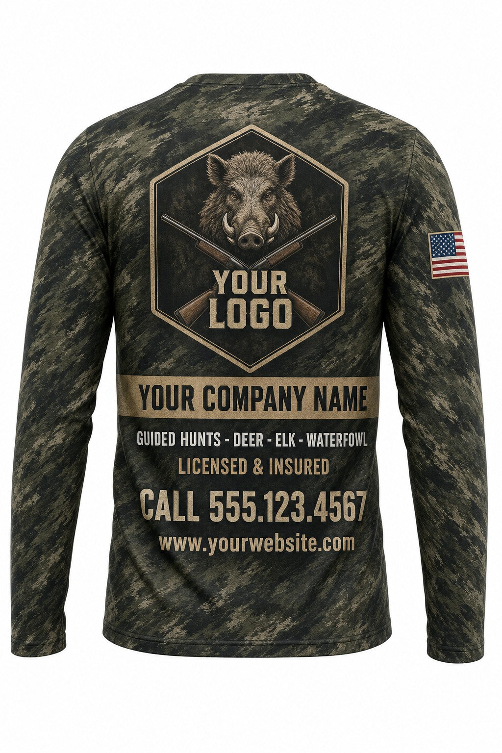 Wild Hog Custom Hunting Team Uniform - back view, custom company logo all-over-print uniform