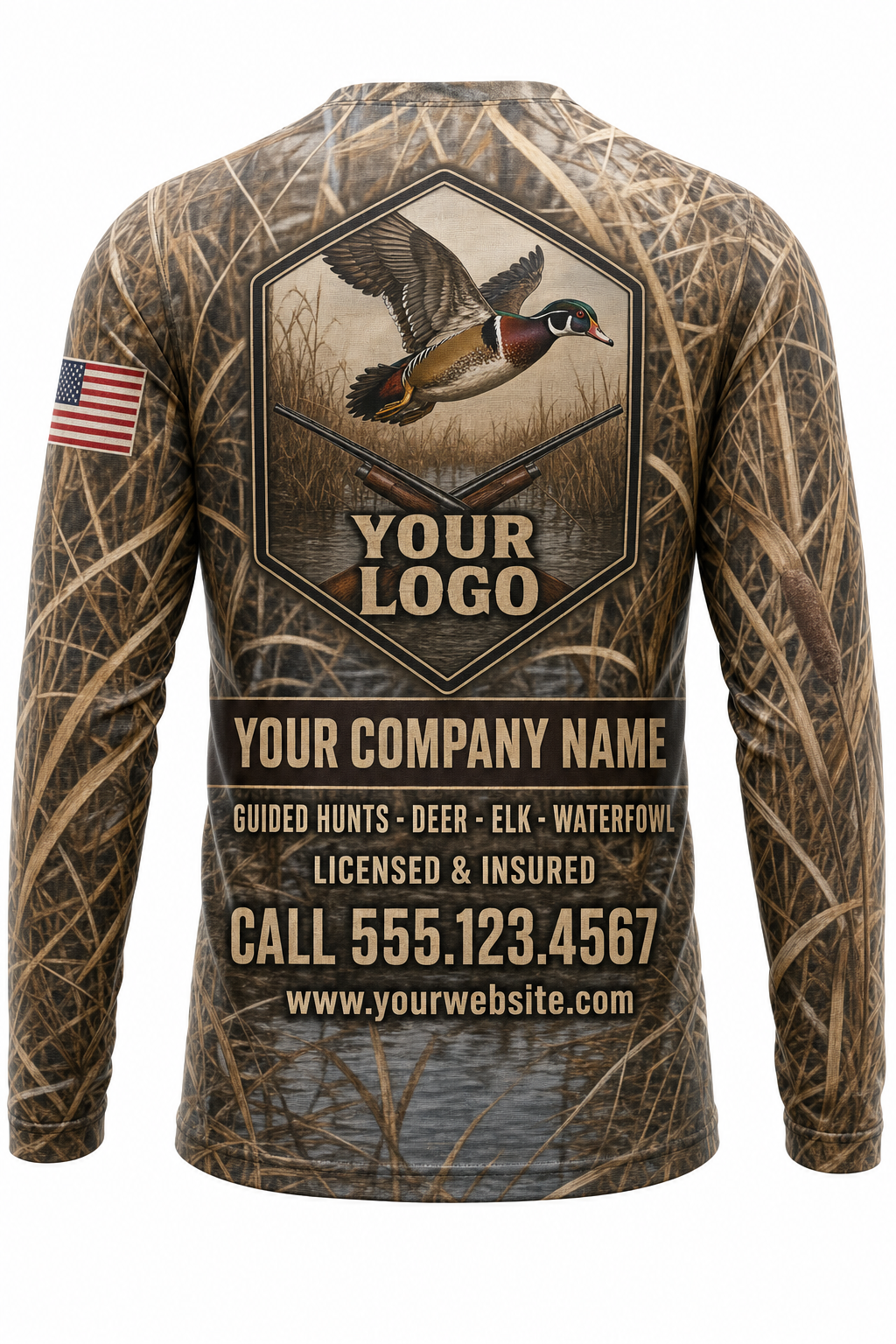 Wood Duck Custom Hunting Team Uniform - back view, custom company logo all-over-print uniform