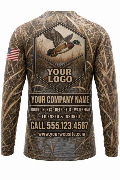 Wood Duck Custom Hunting Team Uniform - back view, custom company logo all-over-print uniform
