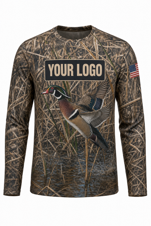 Wood Duck Custom Hunting Team Uniform - front view, custom company logo all-over-print uniform