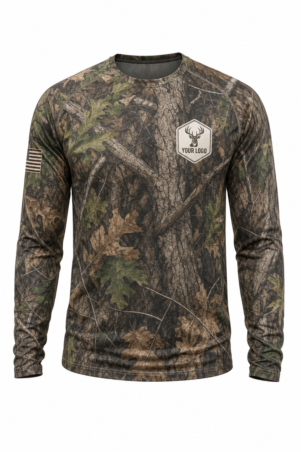 Buck Guide Crew Shirt in woodland camo, front view - custom company logo hunting crew uniform long sleeve