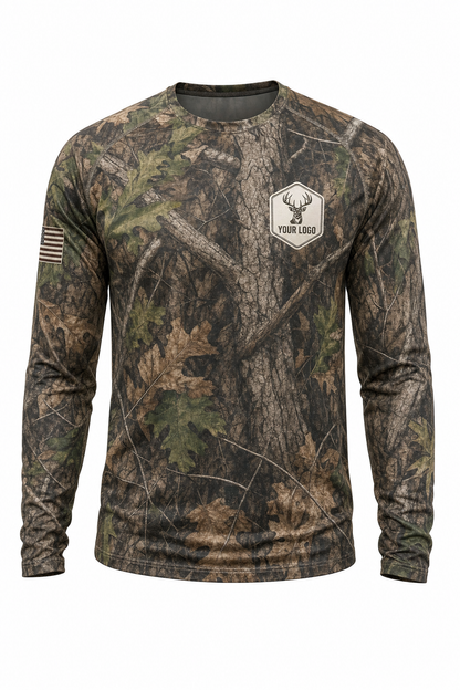 Buck Guide Crew Shirt in woodland camo, front view - custom company logo hunting crew uniform long sleeve