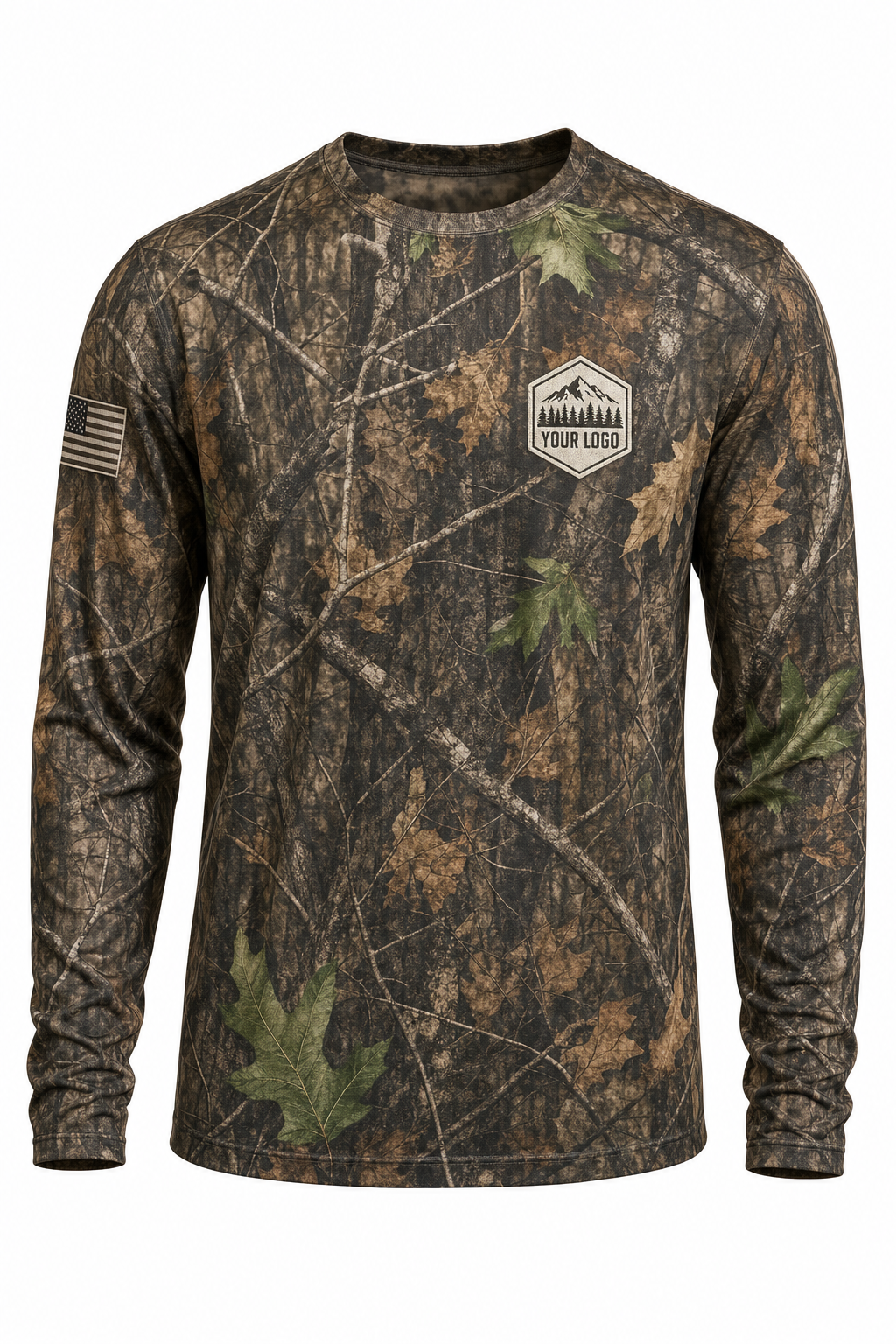 Camo Texture Guide Crew Shirt in woodland camo, front view - custom company logo hunting crew uniform long sleeve