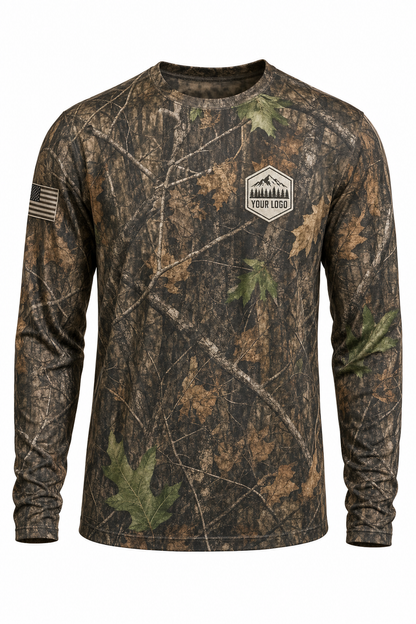 Camo Texture Guide Crew Shirt in woodland camo, front view - custom company logo hunting crew uniform long sleeve