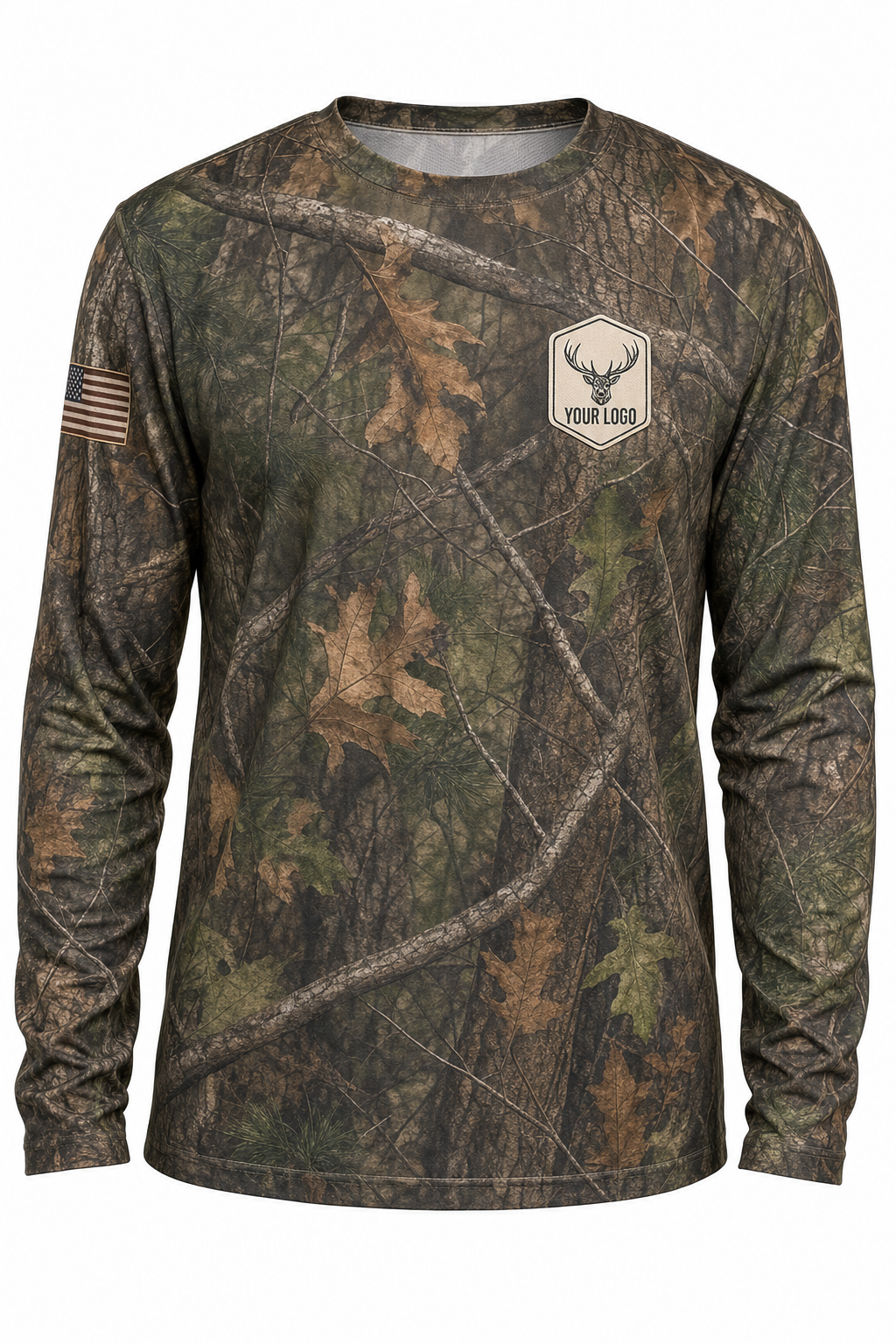 Elk Guide Crew Shirt in woodland camo, front view - custom company logo hunting crew uniform long sleeve