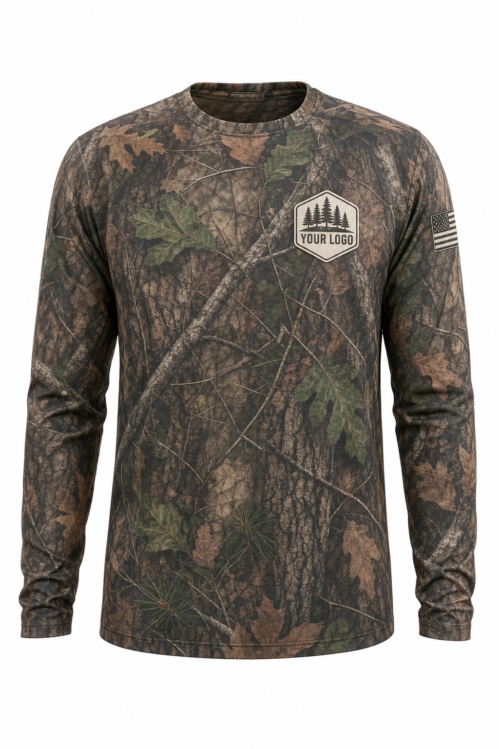Pine Forest Guide Crew Shirt in woodland camo, front view - custom company logo hunting crew uniform long sleeve