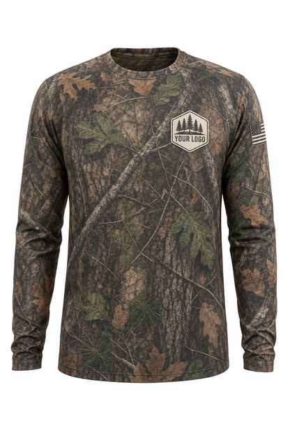 Pine Forest Guide Crew Shirt in woodland camo, front view - custom company logo hunting crew uniform long sleeve