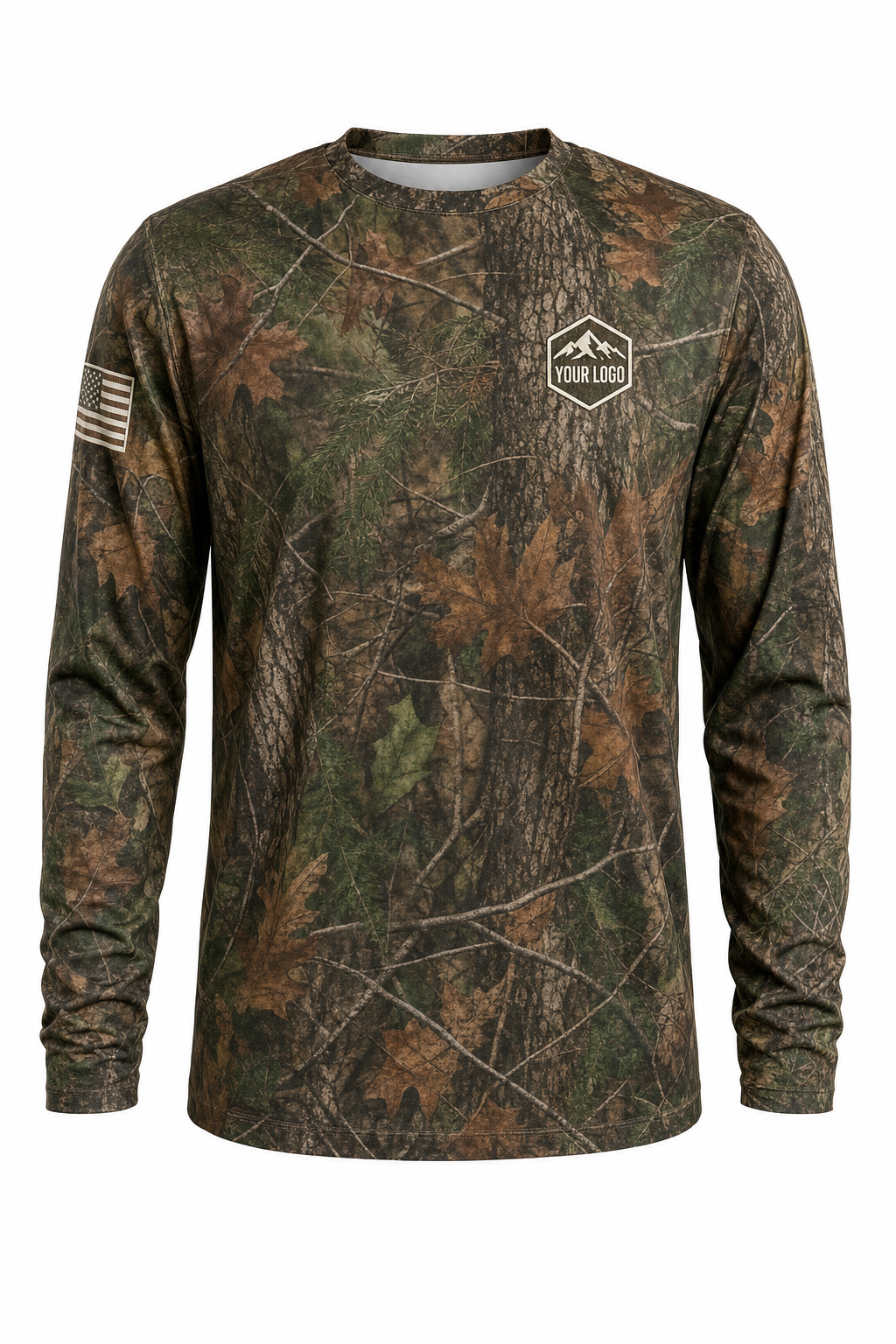 Mountain Ridge Guide Crew Shirt in woodland camo, front view - custom company logo hunting crew uniform long sleeve