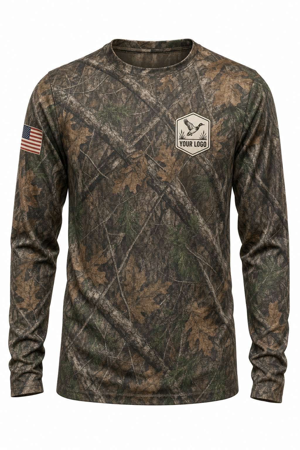 Waterfowl Guide Crew Shirt in woodland camo, front view - custom company logo hunting crew uniform long sleeve