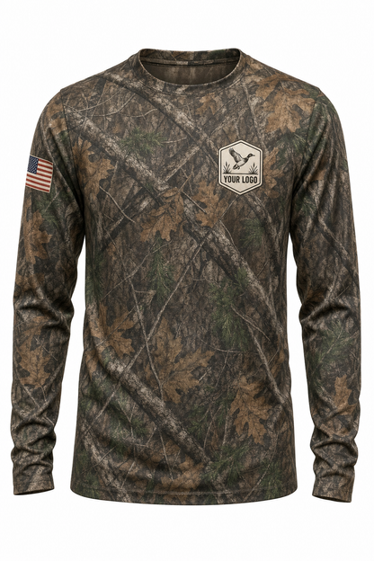 Waterfowl Guide Crew Shirt in woodland camo, front view - custom company logo hunting crew uniform long sleeve