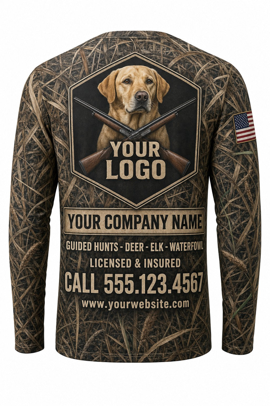 Yellow Lab Duck Custom Hunting Team Uniform - back view, custom company logo all-over-print uniform