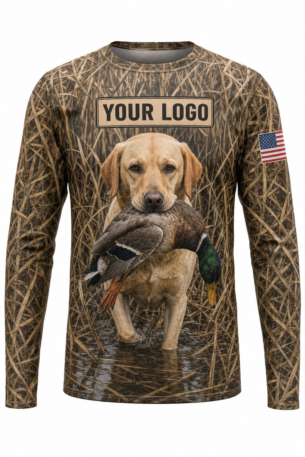 Yellow Lab Duck Custom Hunting Team Uniform - front view, custom company logo all-over-print uniform