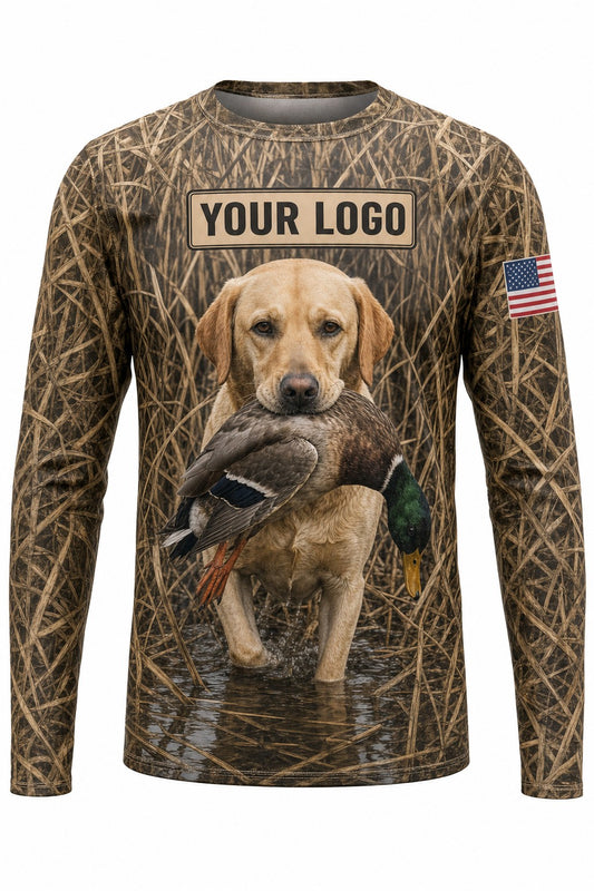 Yellow Lab Duck Custom Hunting Team Uniform - front view, custom company logo all-over-print uniform