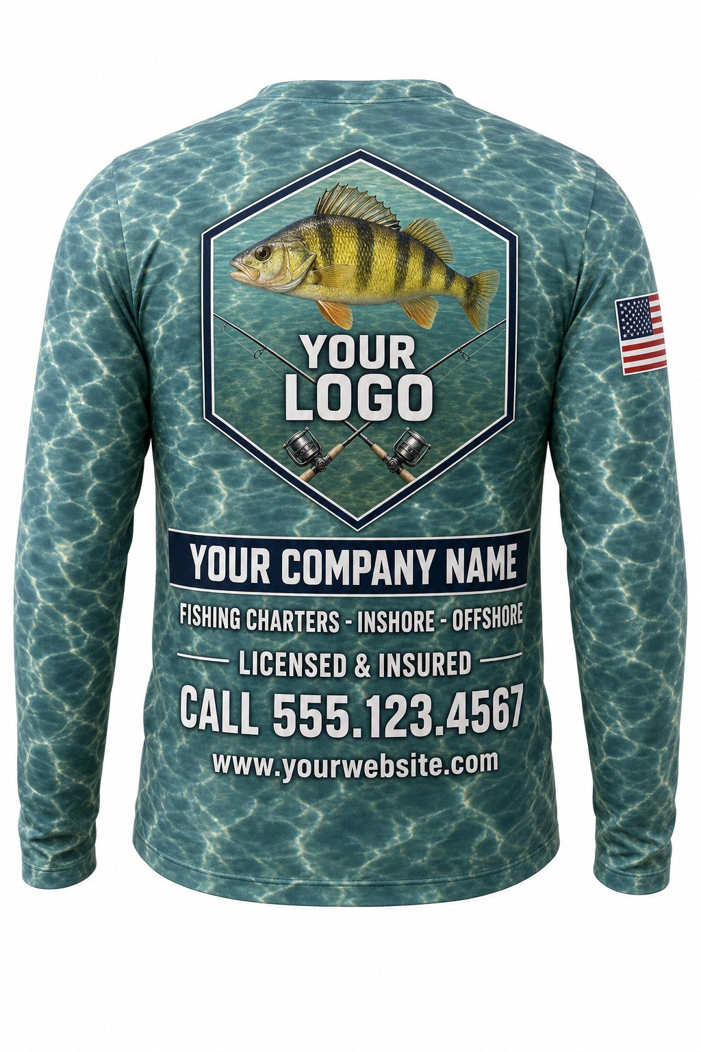 Yellow Perch Custom Fishing Team Uniform - back view, custom company logo all-over-print uniform